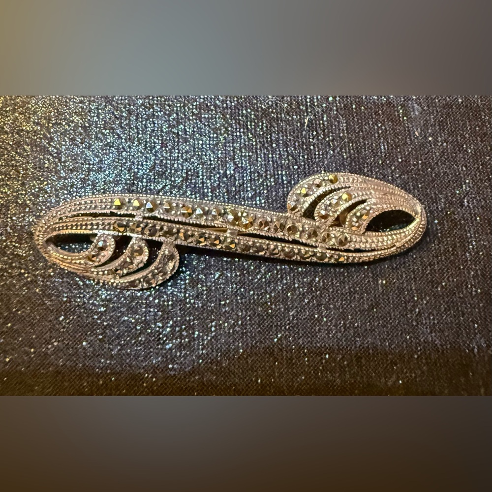 Vintage Sterling Silver Marcasite Art Deco Revival Brooch Pin Signed SU